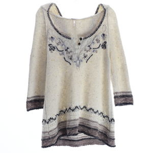 Free People Hooded Embroidered Knit Sweater Tunic Top Women S Cream/Black Cotton